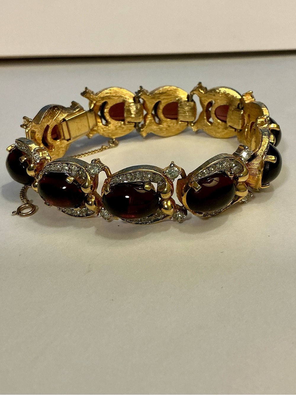 VTG Signed Jomaz Joseph Mazer Ruby Red Glass Cabochon Rhinestone Bracelet Rich